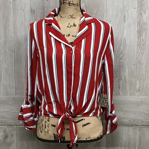 Red Striped Tie Front Button Up Adjustable BB793 - Picture 3 of 8